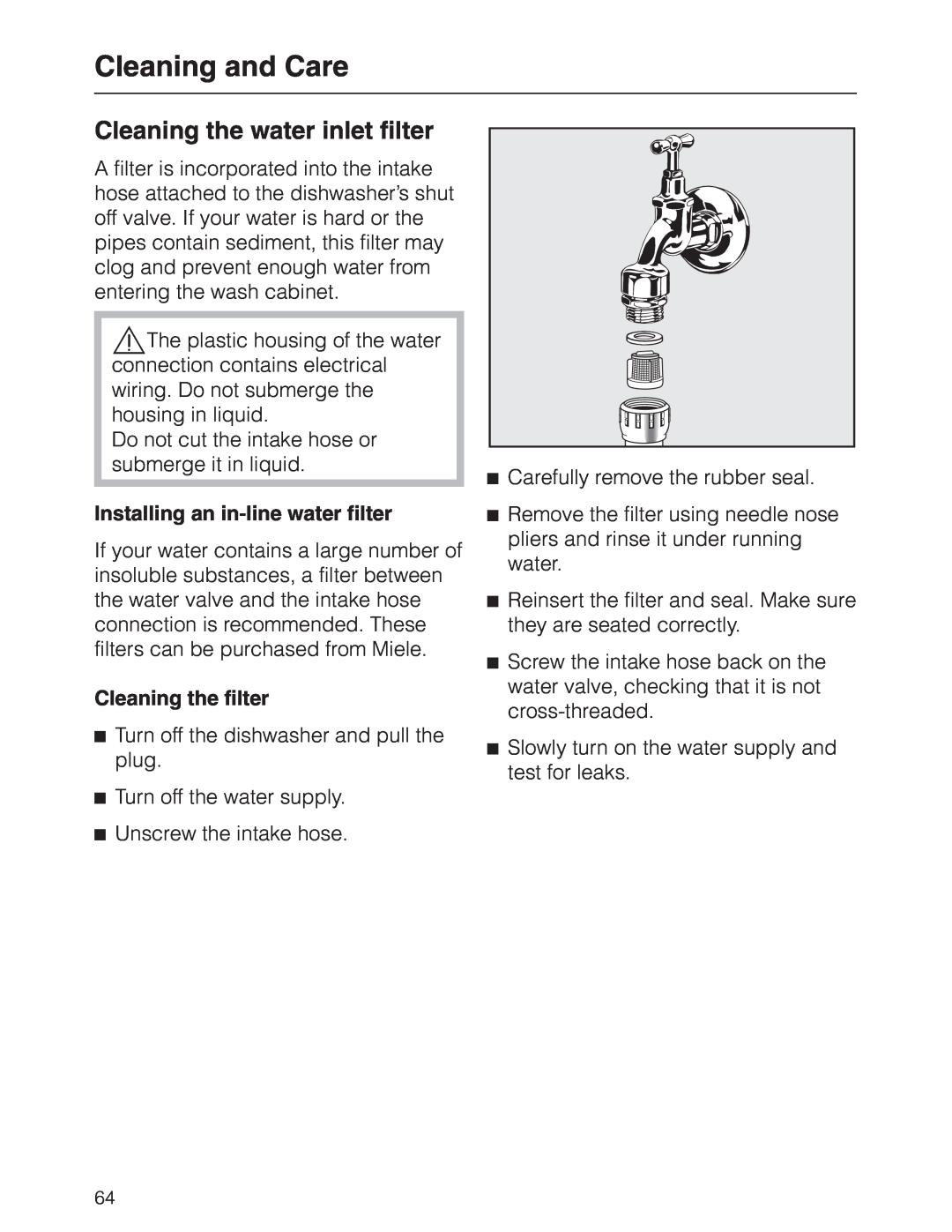 Miele G 2630 SCI manual Cleaning the water inlet filter, Cleaning and Care, Installing an in-linewater filter 