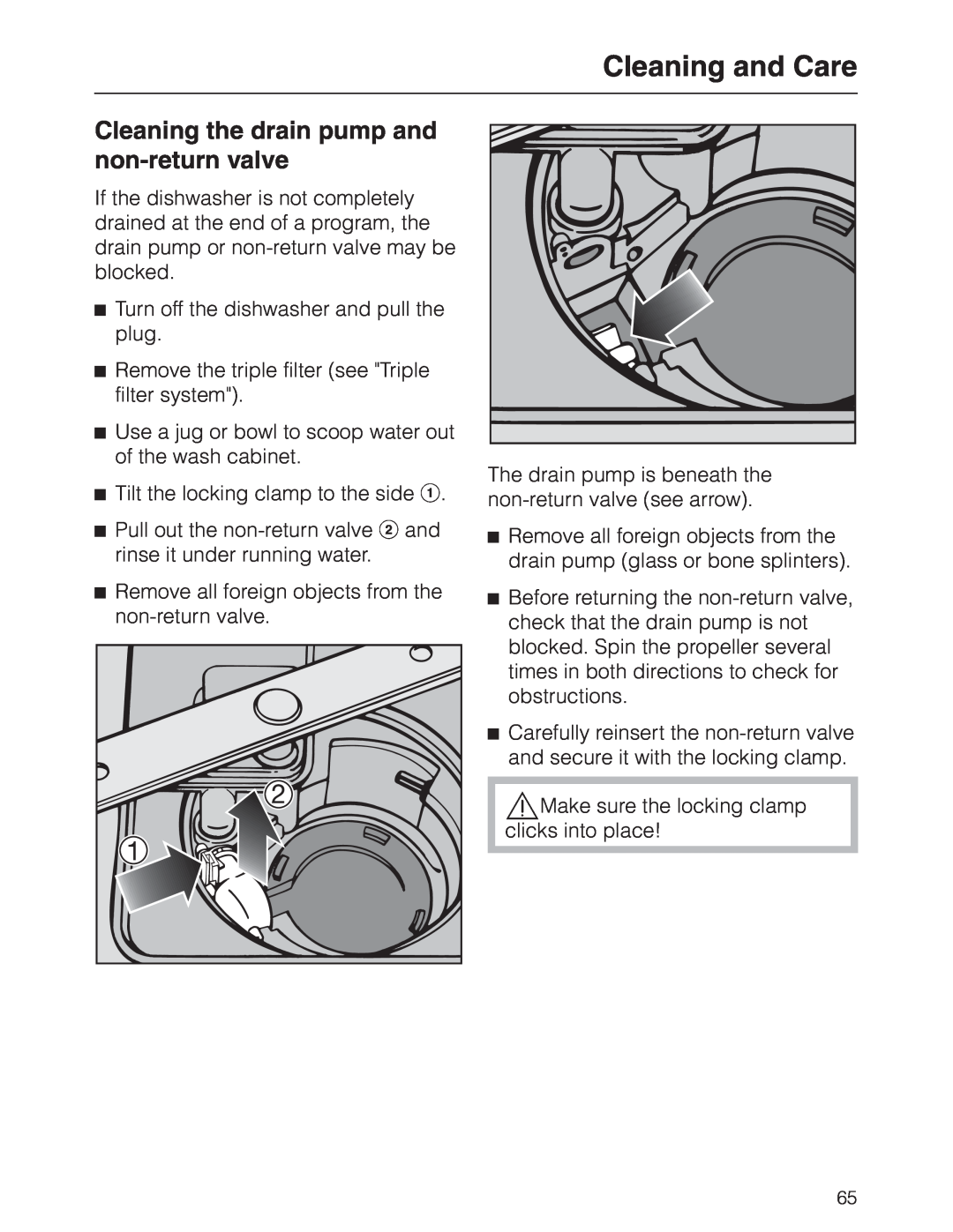 Miele G 2630 SCI manual Cleaning the drain pump and non-returnvalve, Cleaning and Care 