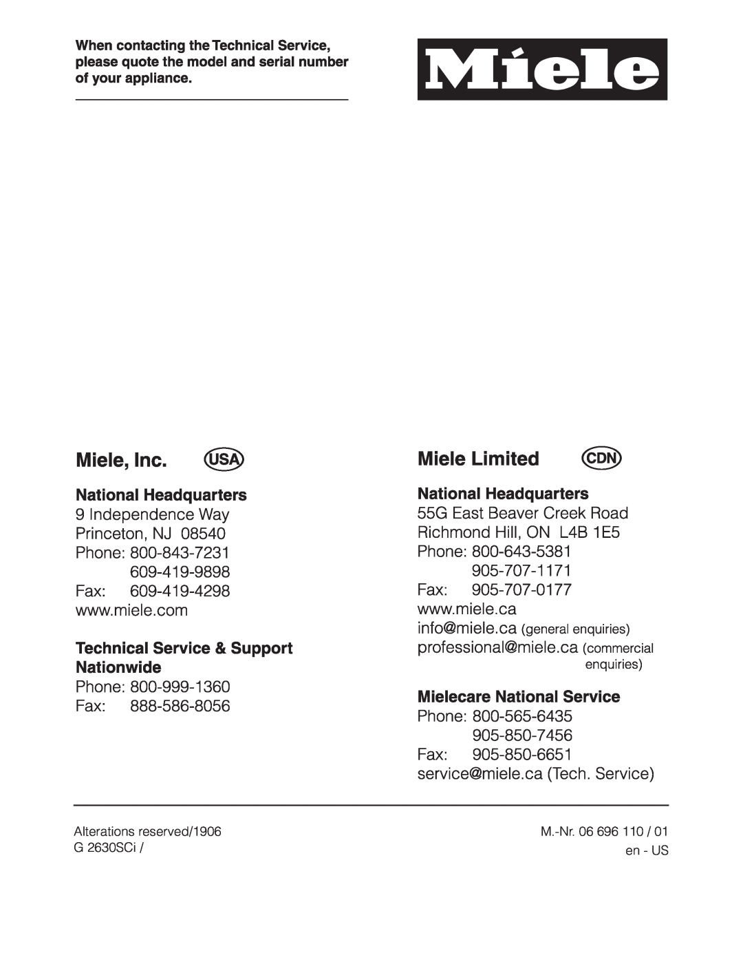 Miele G 2630 SCI manual Alterations reserved/1906, G 2630SCi, en - US, M.-Nr.06 696 110 