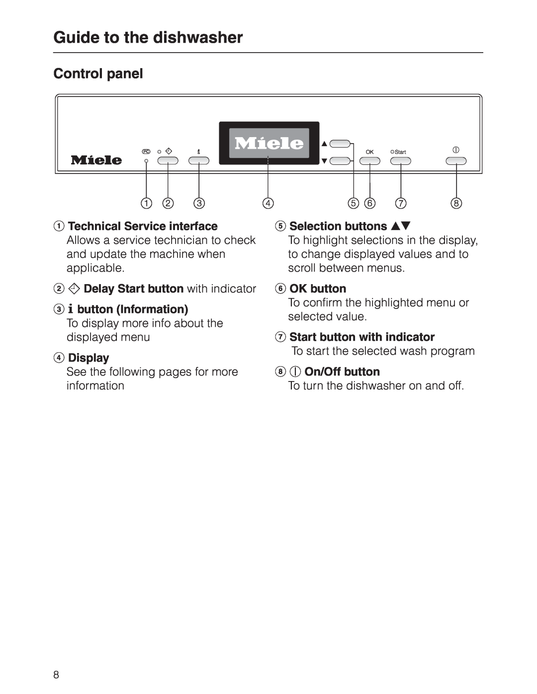 Miele G 2630 SCI manual Control panel, Guide to the dishwasher 