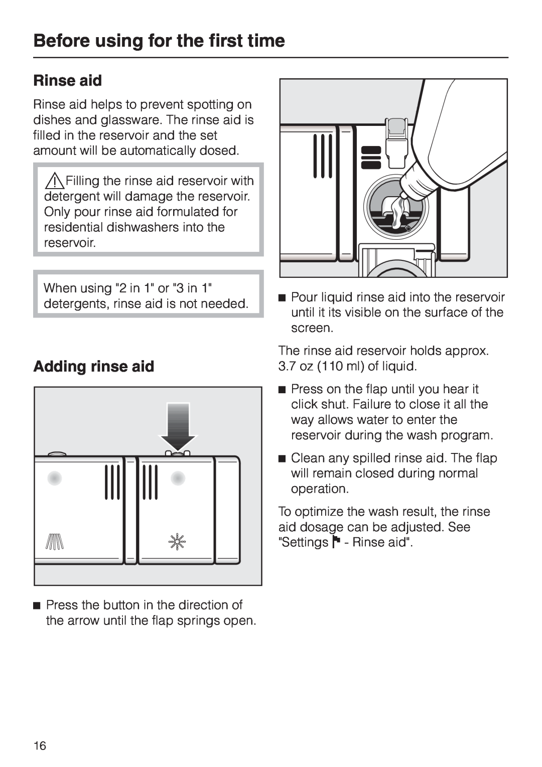 Miele G 2630 SCI operating instructions Rinse aid, Adding rinse aid, Before using for the first time 