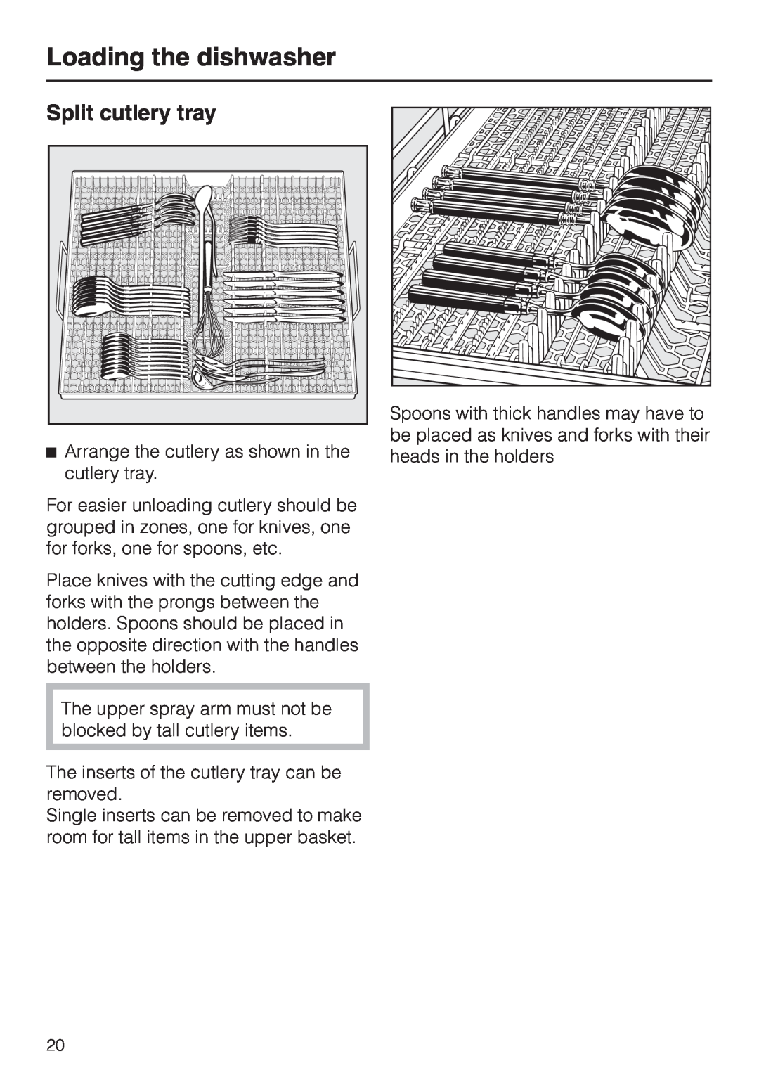 Miele G 2630 SCI operating instructions Split cutlery tray, Loading the dishwasher 