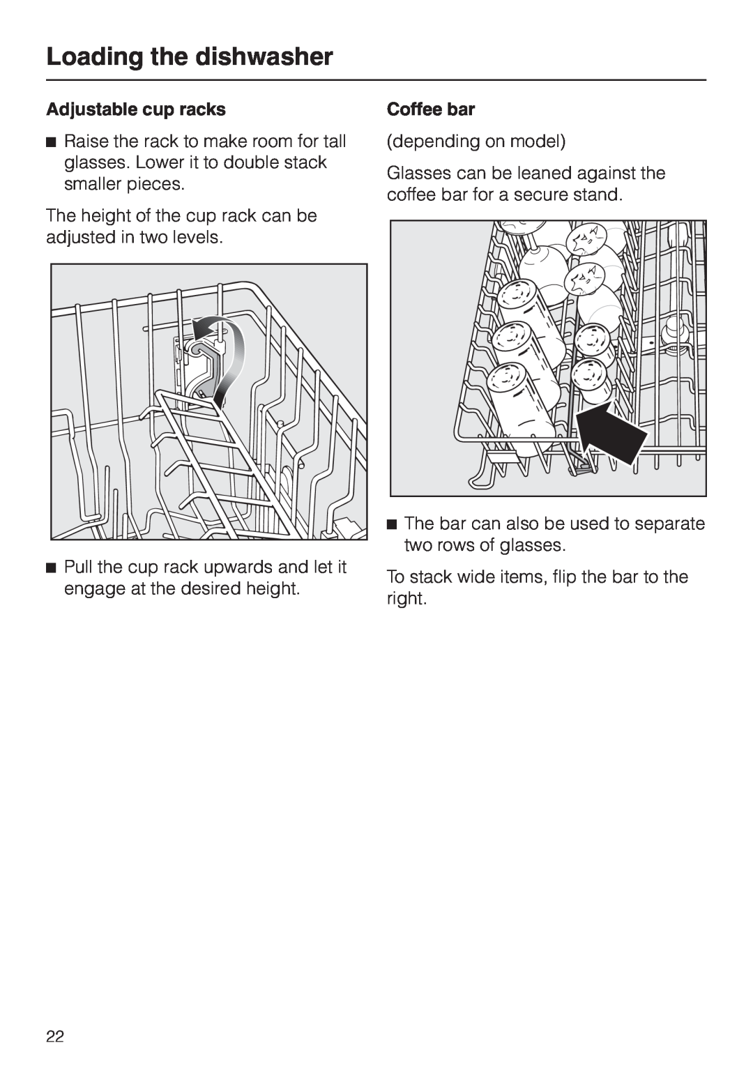 Miele G 2630 SCI operating instructions Loading the dishwasher, Adjustable cup racks, Coffee bar 