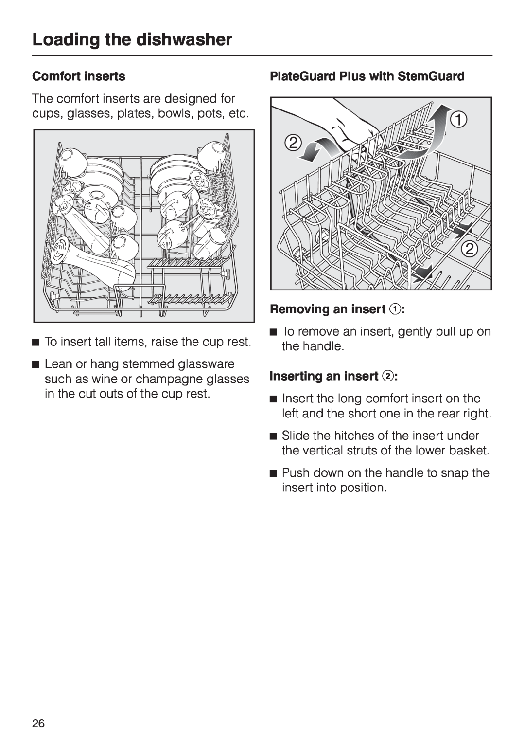 Miele G 2630 SCI Loading the dishwasher, Comfort inserts, Removing an insert a, Inserting an insert b 