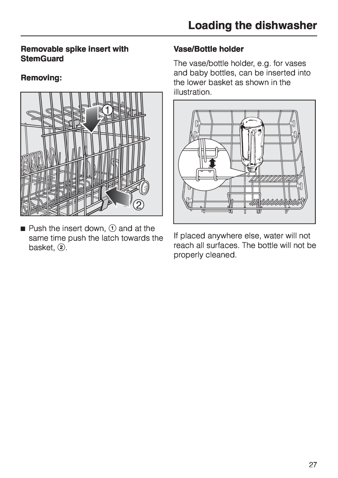 Miele G 2630 SCI Loading the dishwasher, Removable spike insert with StemGuard, Removing, Vase/Bottle holder 