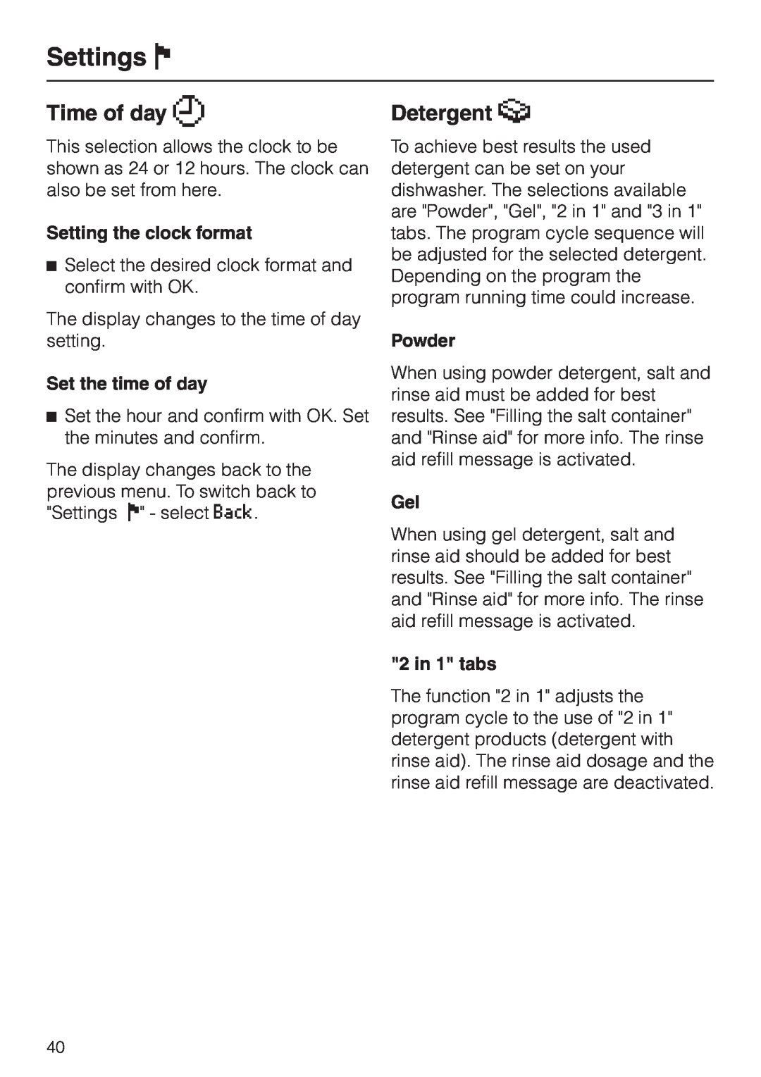 Miele G 2630 SCI Time of day Y, Detergent z, Settings J, Setting the clock format, Set the time of day, Powder 
