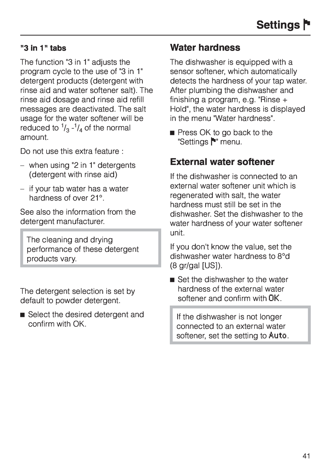 Miele G 2630 SCI operating instructions Water hardness, Settings J, External water softener, 3 in 1 tabs 