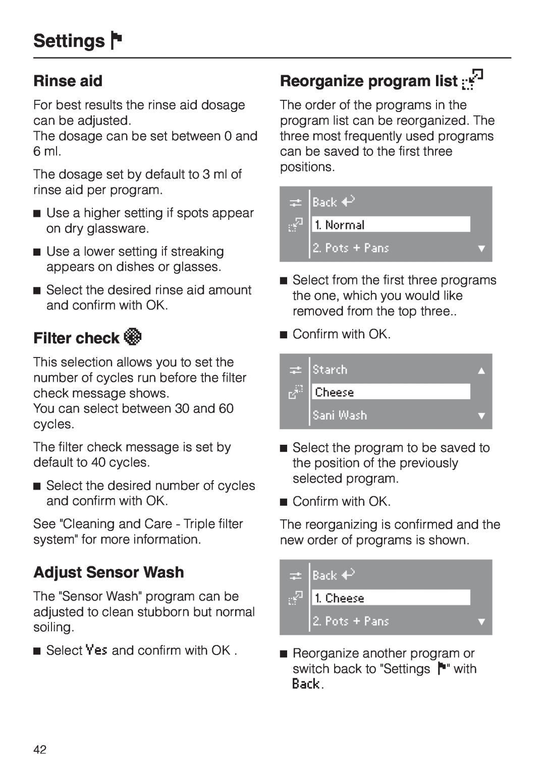 Miele G 2630 SCI Filter check h, Adjust Sensor Wash, Reorganize program list k, Settings J, Rinse aid 