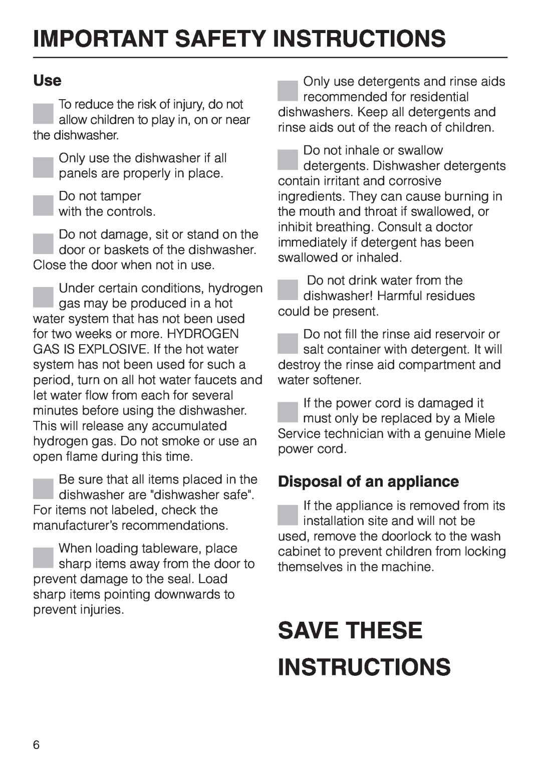 Miele G 2630 SCI operating instructions Save These Instructions, Disposal of an appliance, Important Safety Instructions 