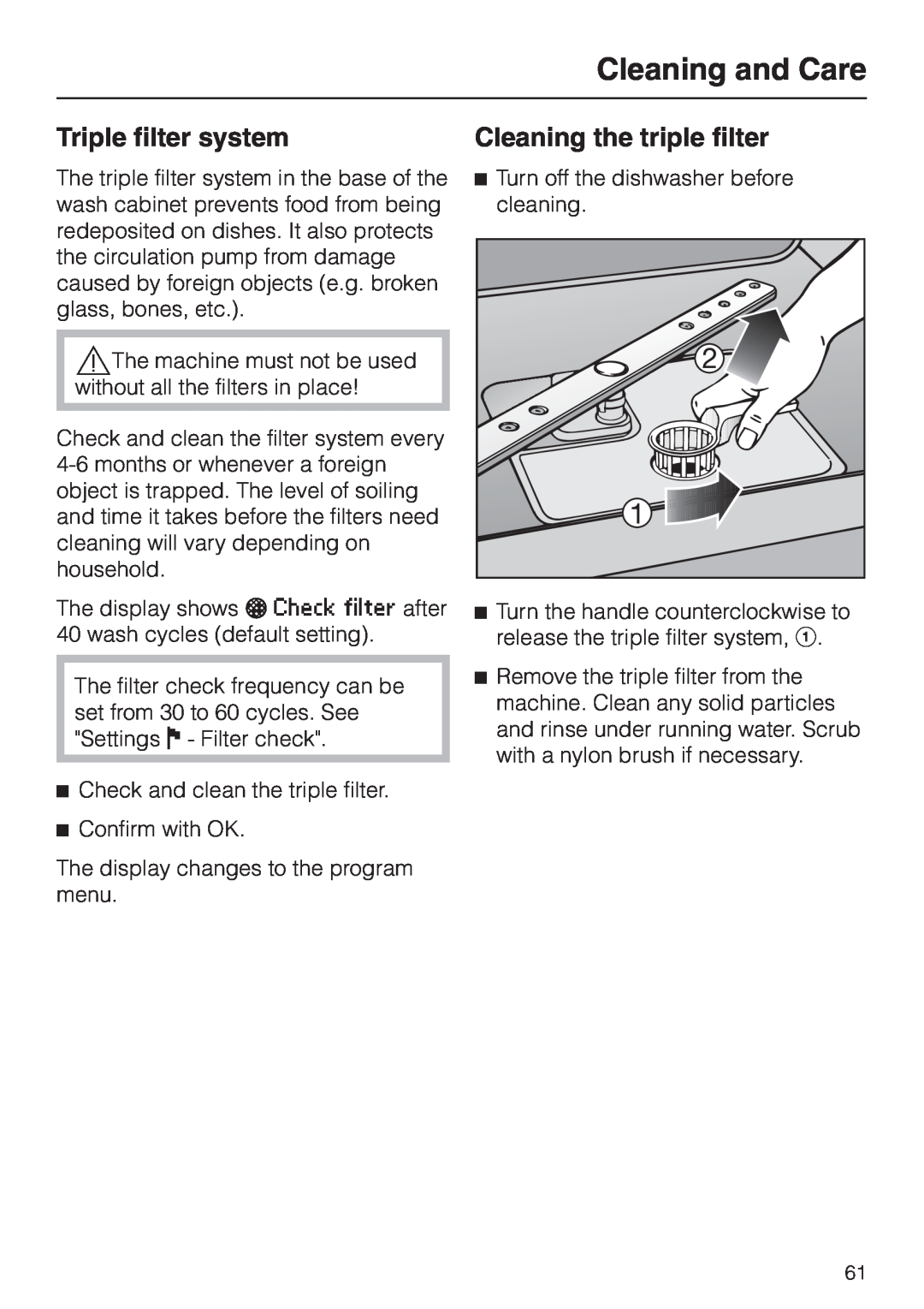 Miele G 2630 SCI operating instructions Triple filter system, Cleaning the triple filter, Cleaning and Care 