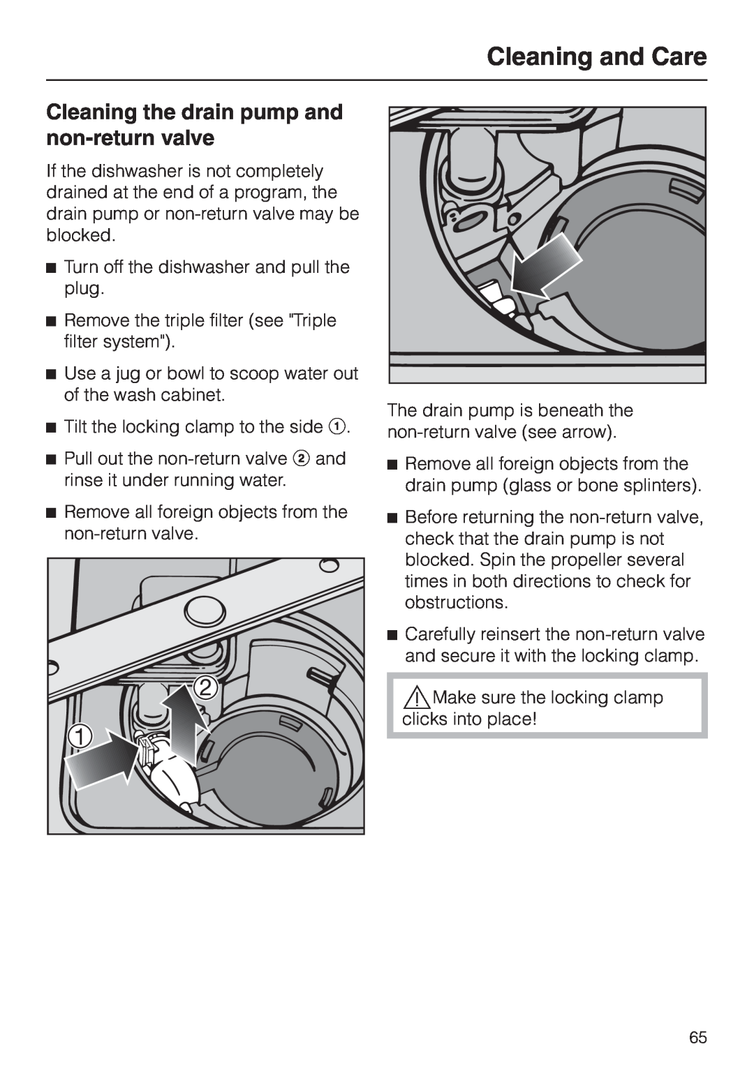 Miele G 2630 SCI operating instructions Cleaning the drain pump and non-returnvalve, Cleaning and Care 