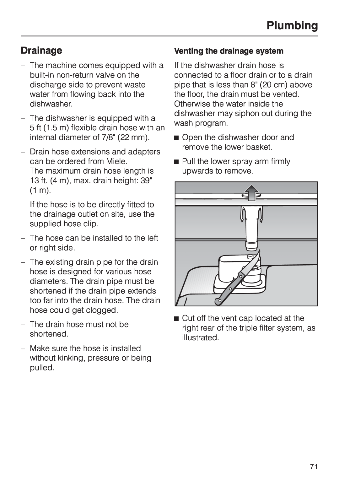 Miele G 2630 SCI operating instructions Drainage, Plumbing, Venting the drainage system 