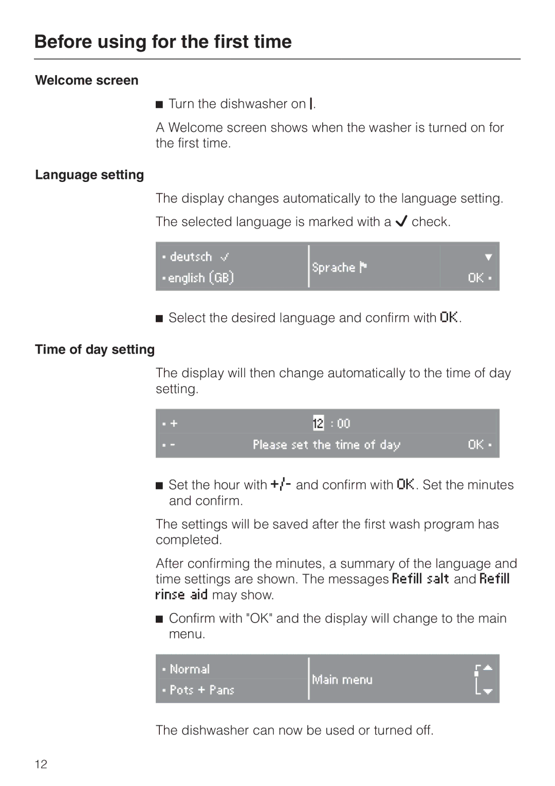 Miele G 2670 SC manual Welcome screen, Language setting, Time of day setting 