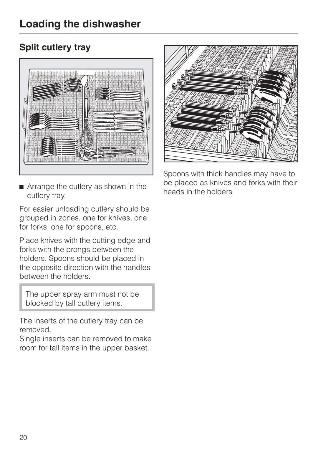 Miele G 2670 SC manual Split cutlery tray 