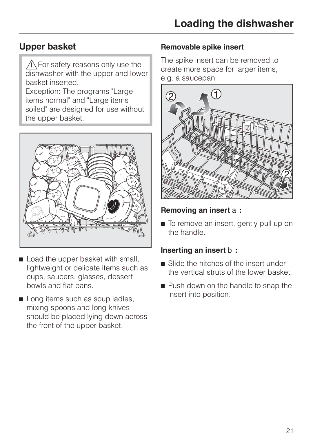 Miele G 2670 SC manual Upper basket, Removable spike insert, Removing an insert a, Inserting an insert b 