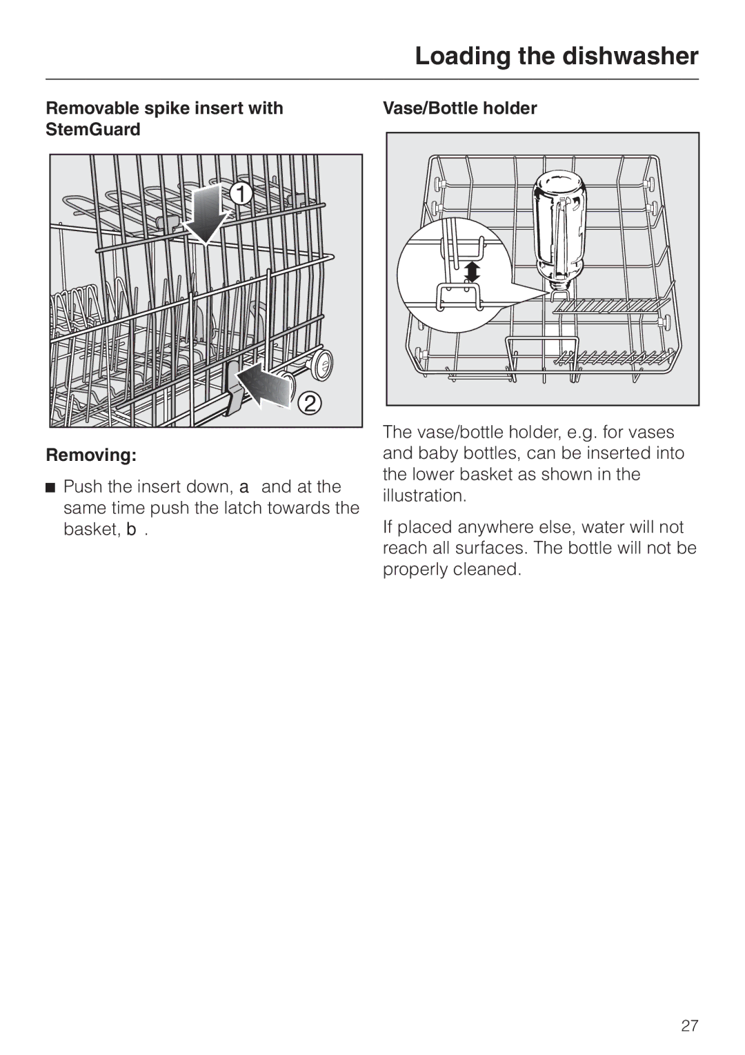 Miele G 2670 SC manual Removable spike insert with StemGuard Removing, Vase/Bottle holder 