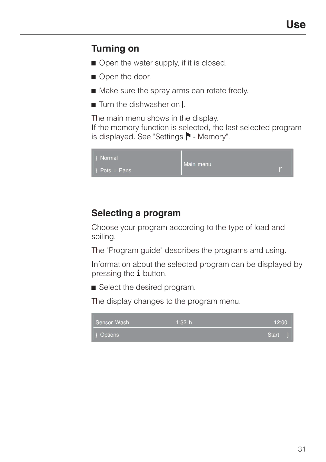 Miele G 2670 SC manual Turning on, Selecting a program 