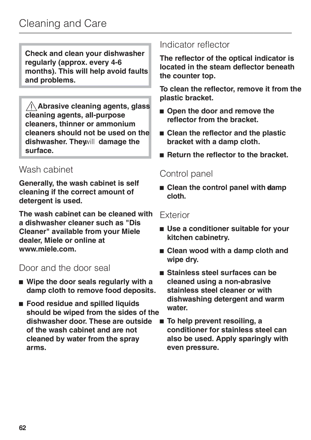 Miele G 2670 SC manual Cleaning and Care, Indicator reflector, Wash cabinet, Door and the door seal, Exterior 