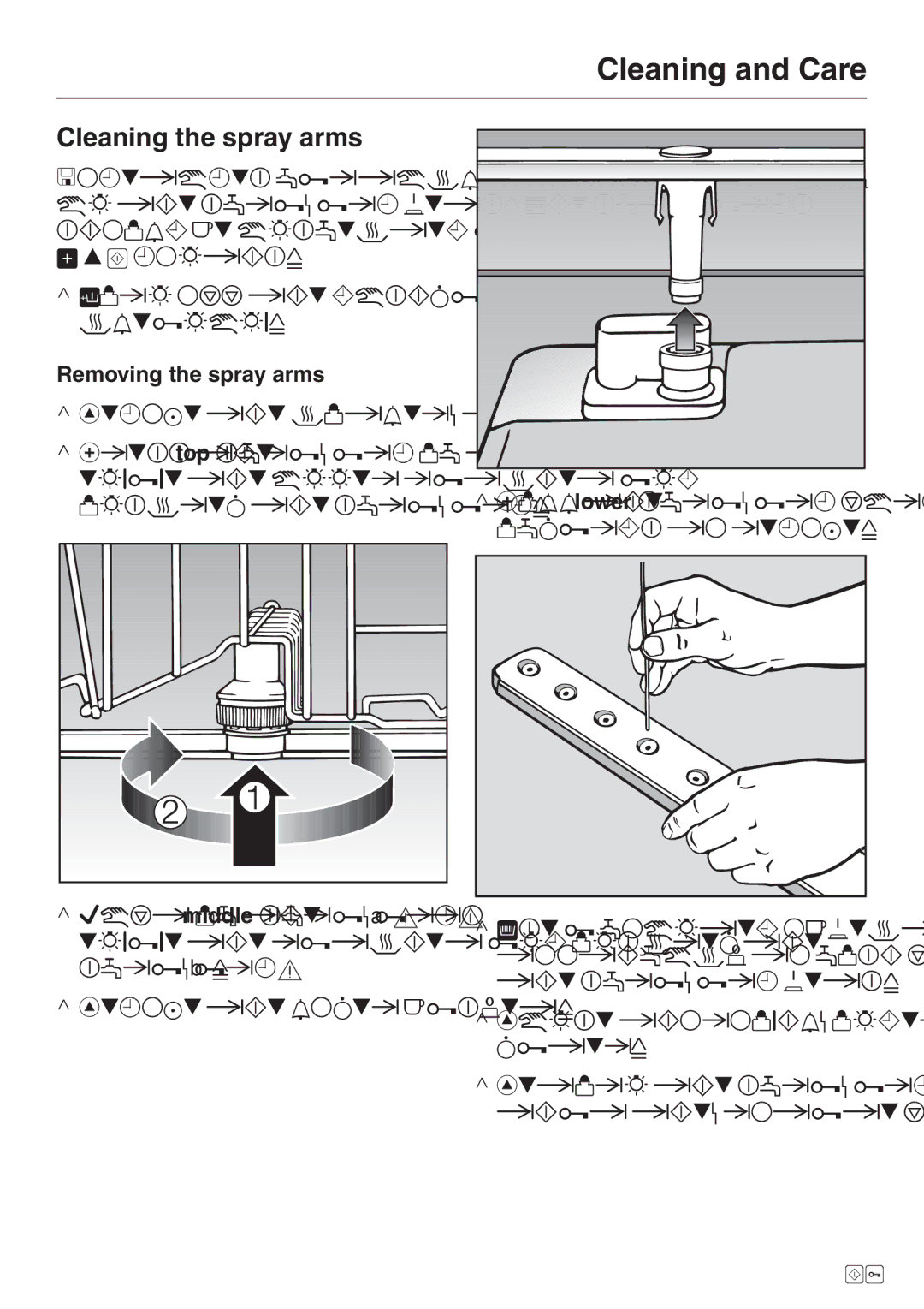 Miele G 2670 SC manual Cleaning the spray arms, Removing the spray arms 