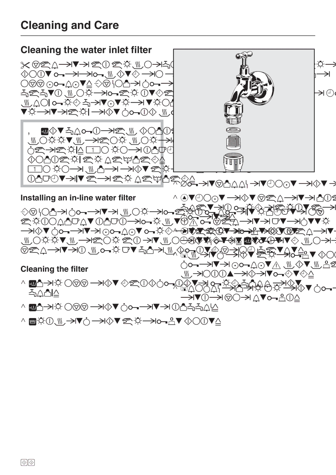 Miele G 2670 SC manual Cleaning the water inlet filter, Installing an in-line water filter, Cleaning the filter 