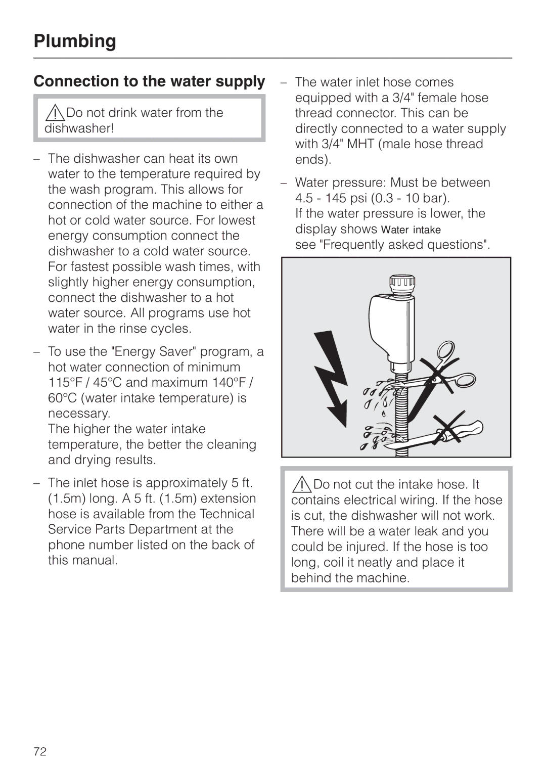 Miele G 2670 SC manual Plumbing, Connection to the water supply 