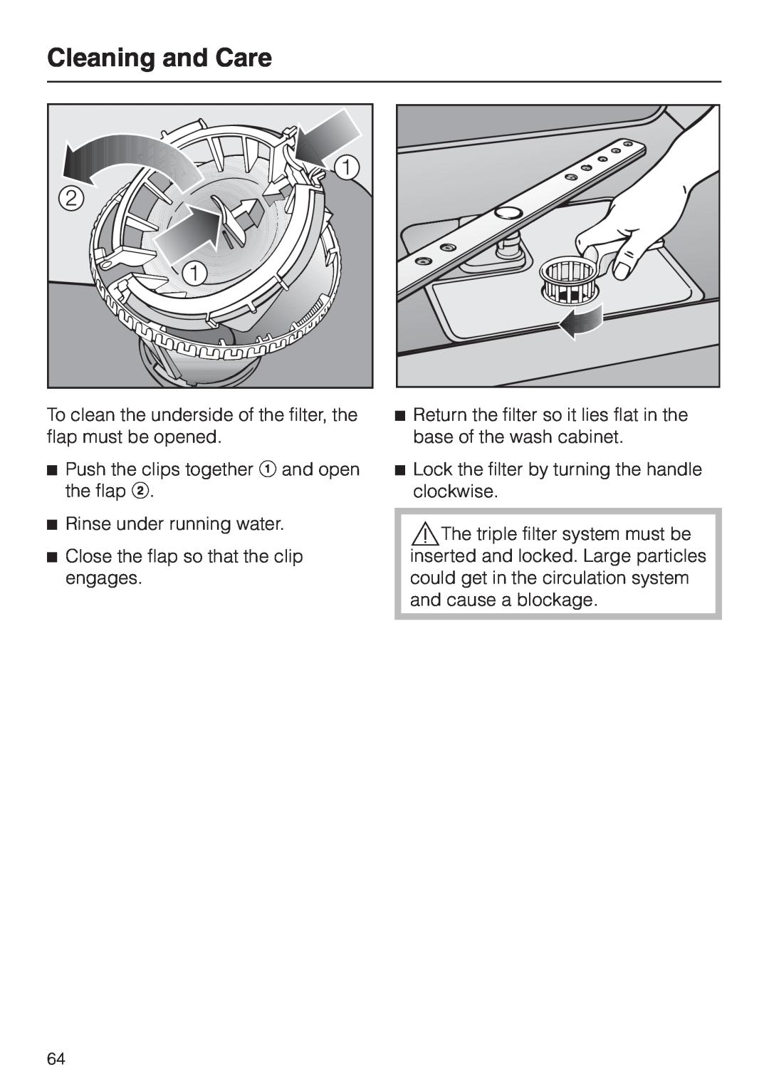 Miele G 2670 SC manual Cleaning and Care, Push the clips together a and open the flap b 