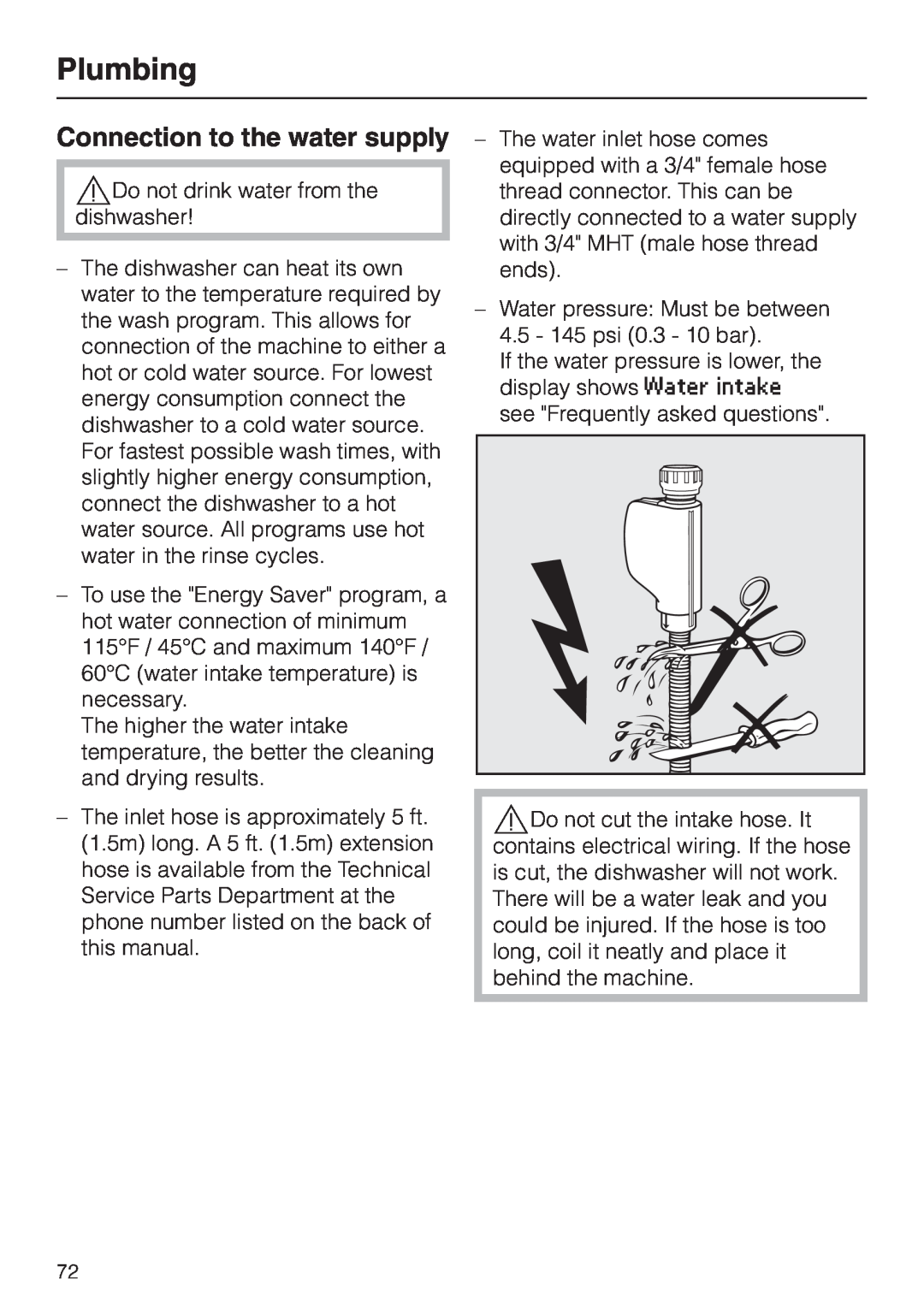 Miele G 2670 SC manual Plumbing, Connection to the water supply 