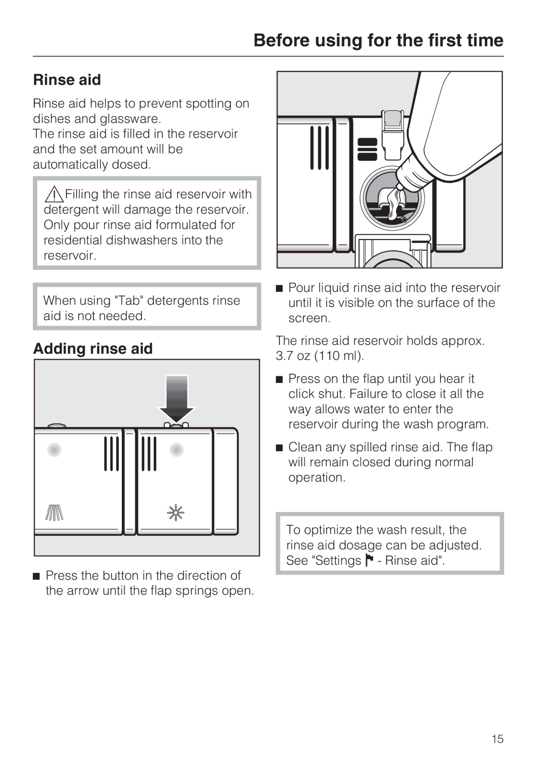 Miele G 2732 manual Rinse aid, Adding rinse aid 