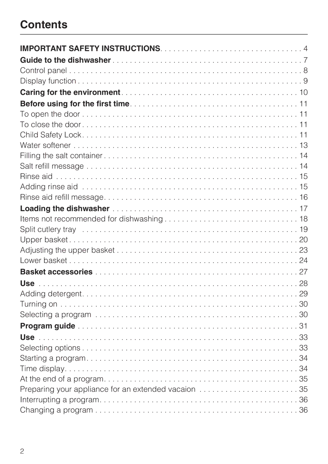 Miele G 2732 manual Contents 