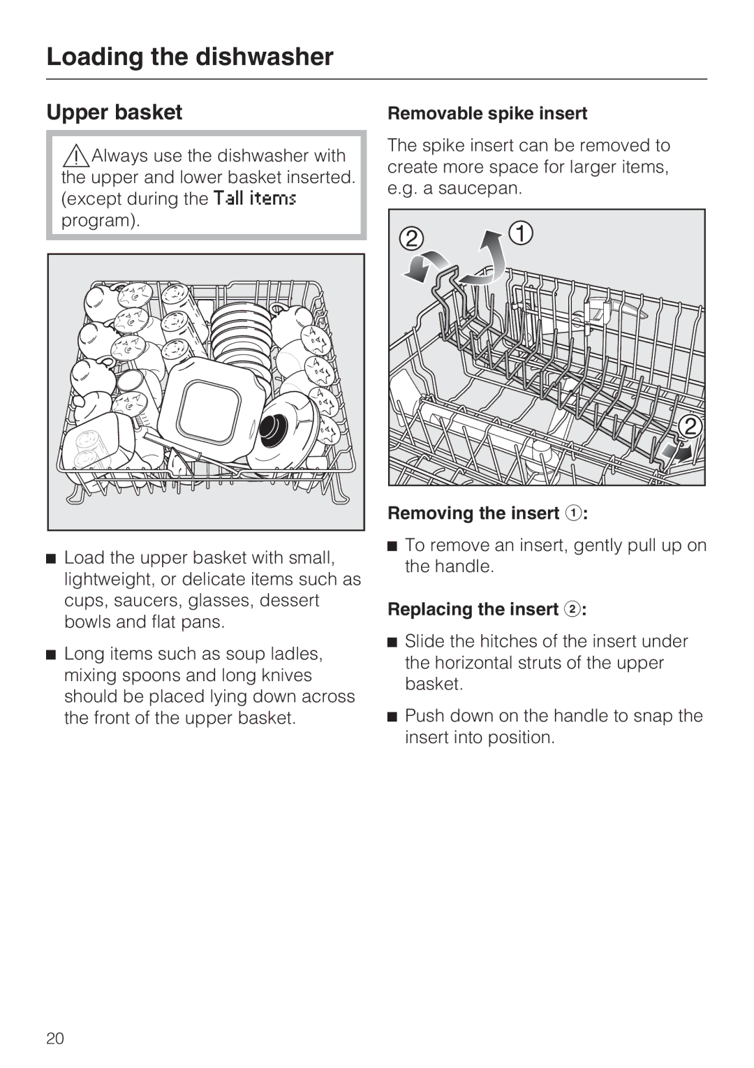 Miele G 2732 manual Upper basket, Removable spike insert, Removing the insert, Replacing the insert 