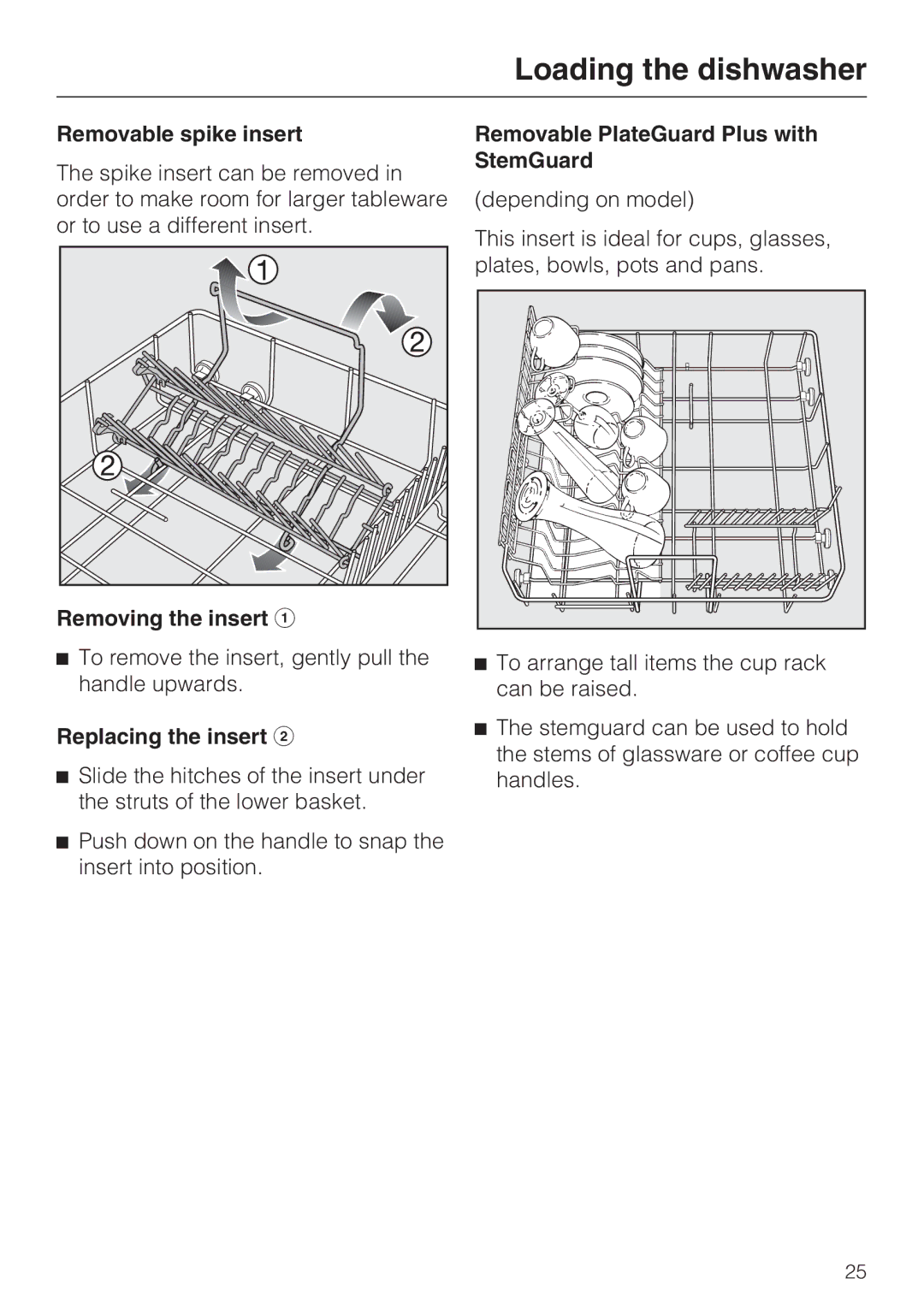 Miele G 2732 manual Removable spike insert, Removable PlateGuard Plus with StemGuard 