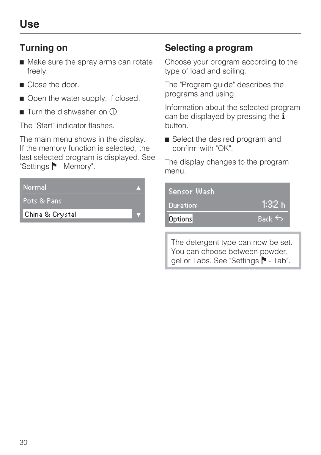 Miele G 2732 manual Turning on, Selecting a program 