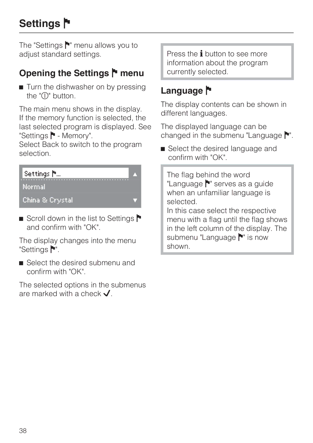 Miele G 2732 manual Opening the Settings menu, Language 