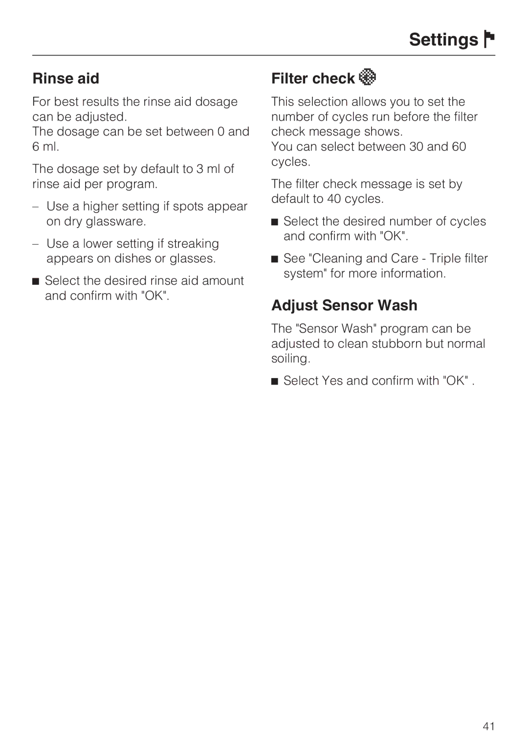 Miele G 2732 manual Filter check, Adjust Sensor Wash 