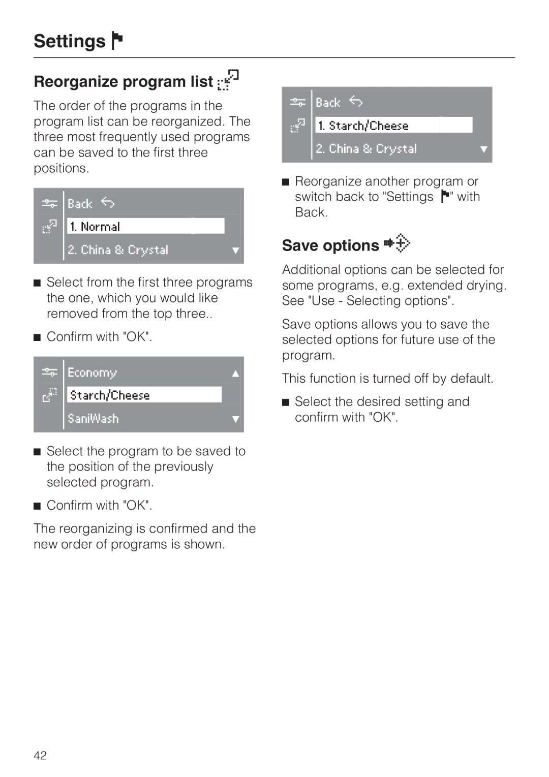 Miele G 2732 manual Reorganize program list, Save options 