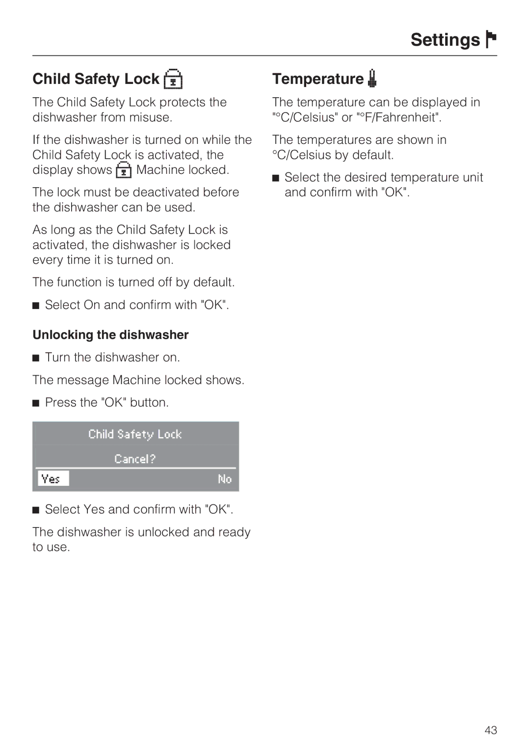 Miele G 2732 manual Temperature, Unlocking the dishwasher 