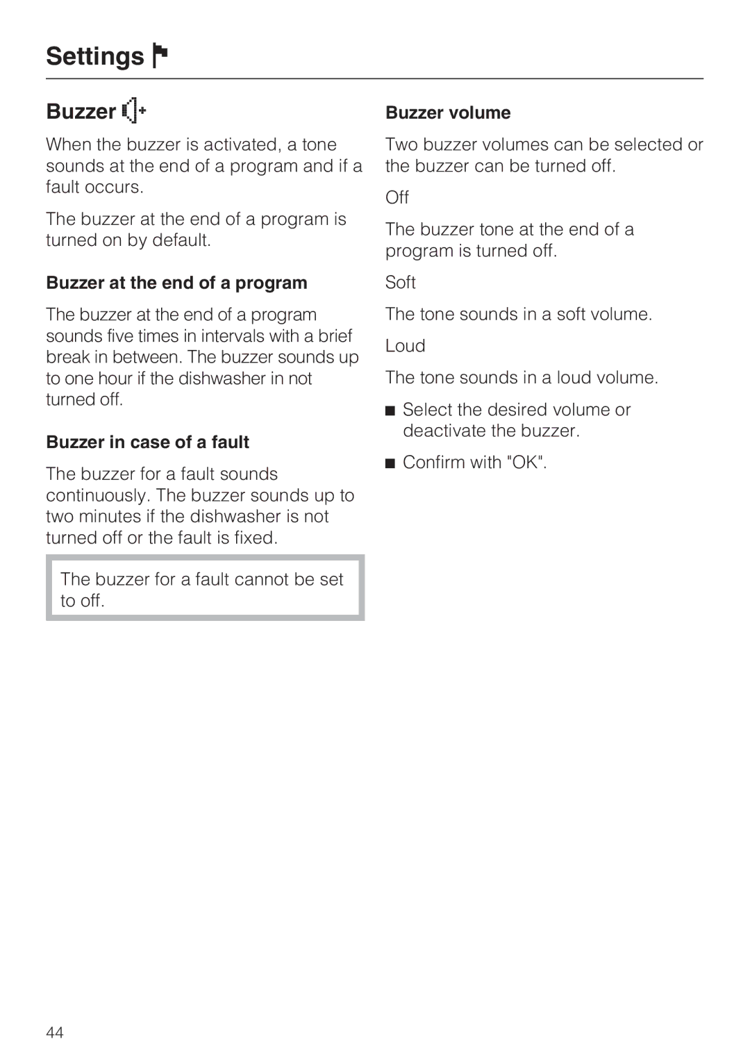 Miele G 2732 manual Buzzer at the end of a program, Buzzer in case of a fault, Buzzer volume 