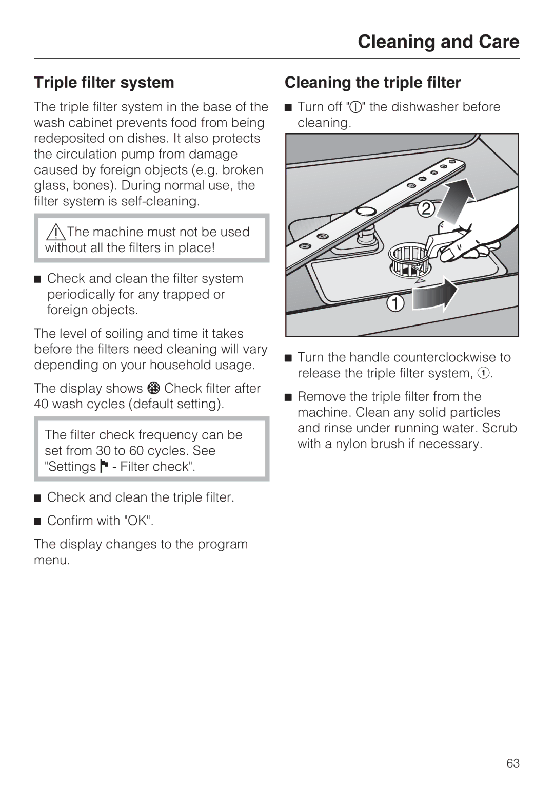 Miele G 2732 manual Triple filter system, Cleaning the triple filter 