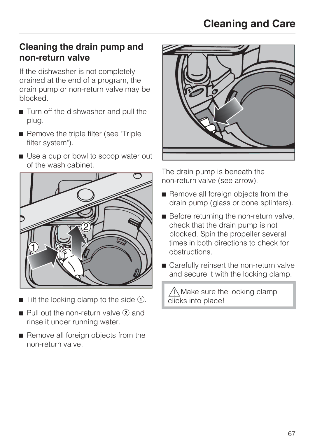 Miele G 2732 manual Cleaning the drain pump and non-return valve 