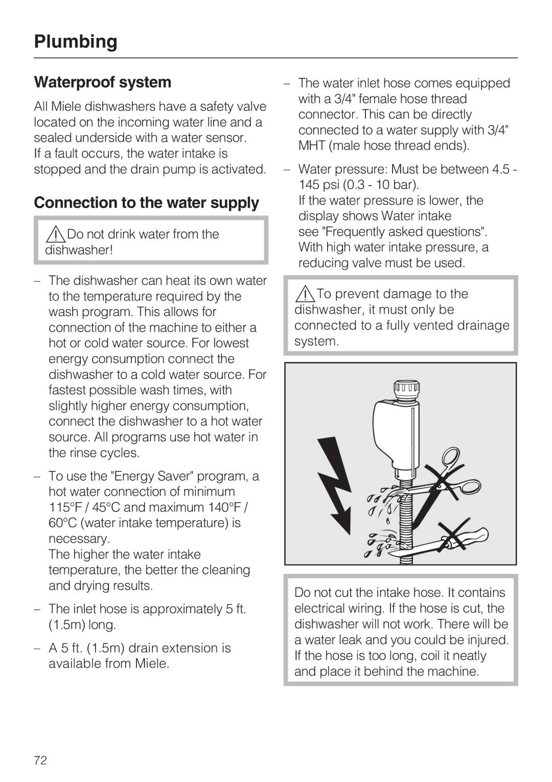 Miele G 2732 manual Plumbing, Waterproof system, Connection to the water supply 