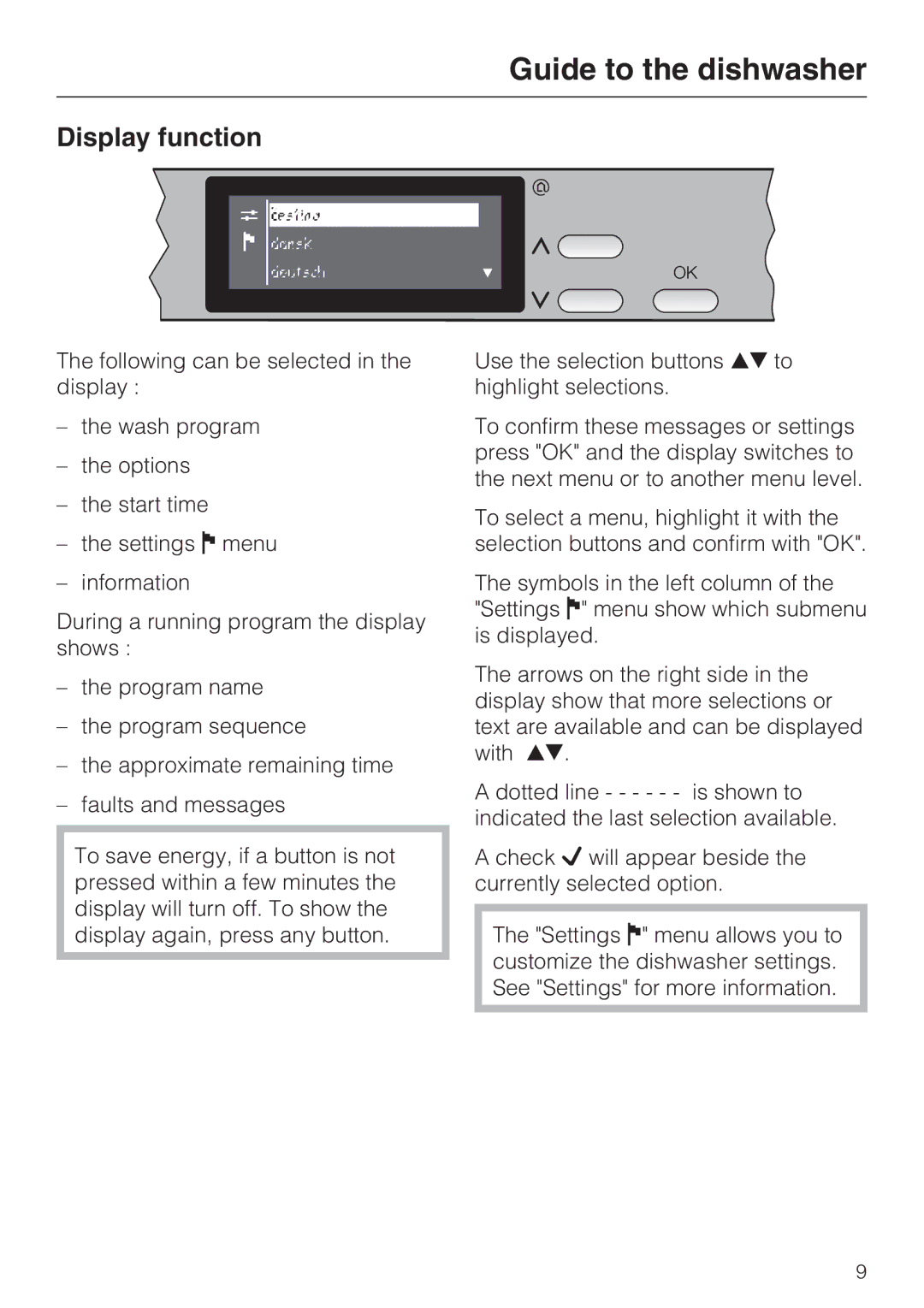 Miele G 2732 manual Display function 