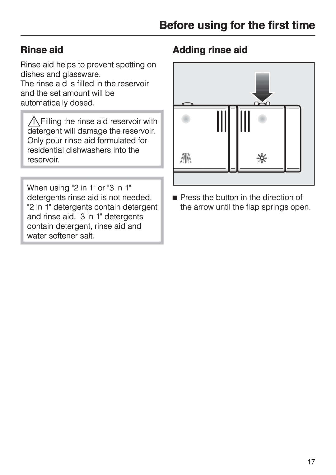 Miele G 2830 SCi manual Rinse aid, Adding rinse aid, Before using for the first time 