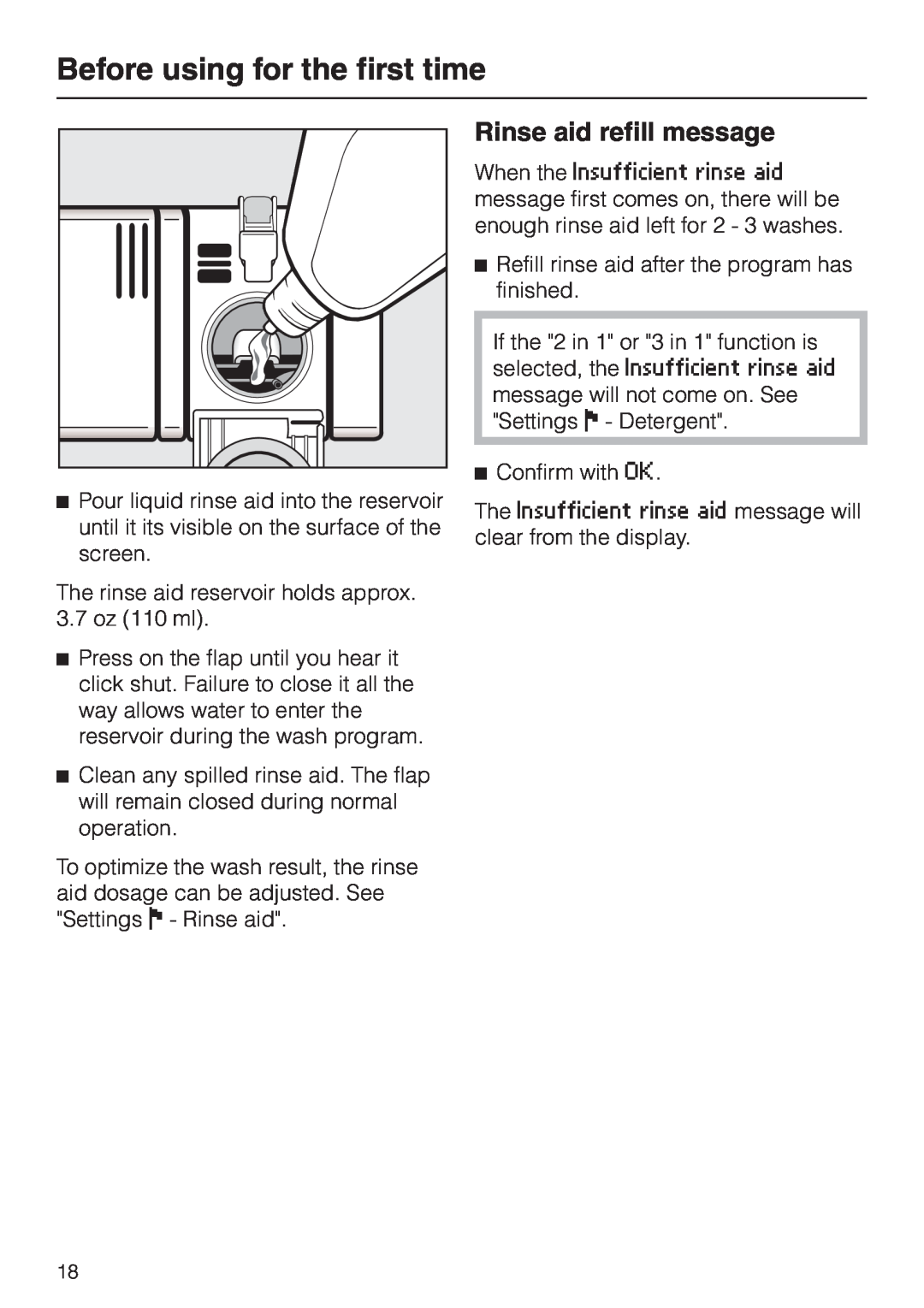 Miele G 2830 SCi manual Rinse aid refill message, Before using for the first time 