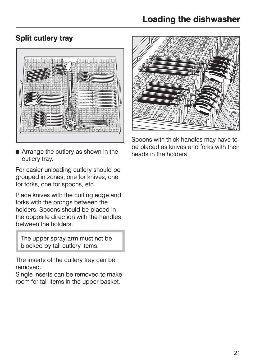 Miele G 2830 SCi manual Split cutlery tray, Loading the dishwasher 