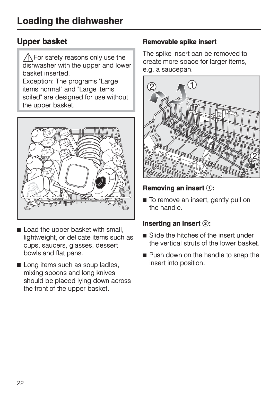 Miele G 2830 SCi Upper basket, Loading the dishwasher, Removable spike insert, Removing an insert a, Inserting an insert b 