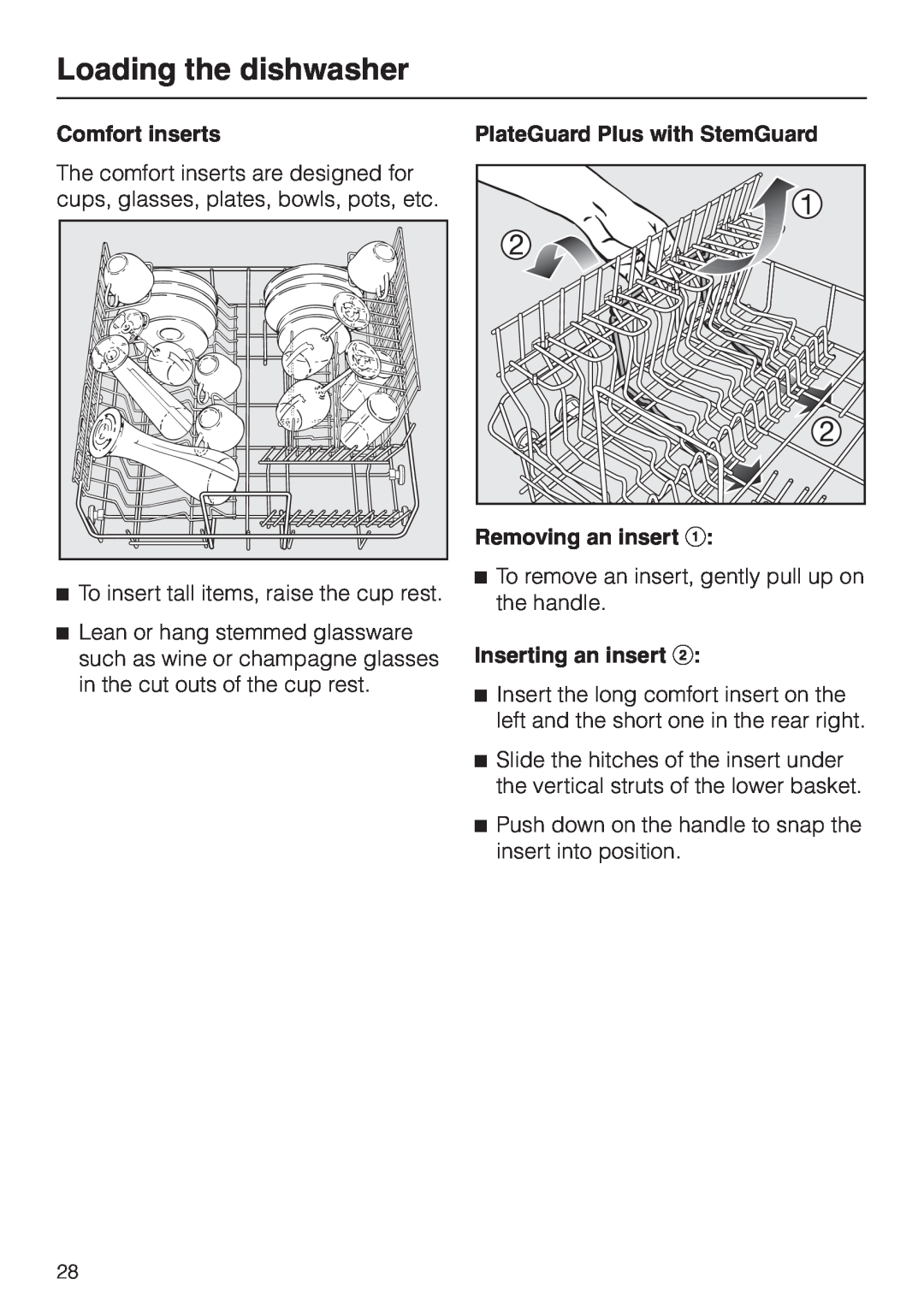 Miele G 2830 SCi manual Loading the dishwasher, Comfort inserts, Removing an insert a, Inserting an insert b 