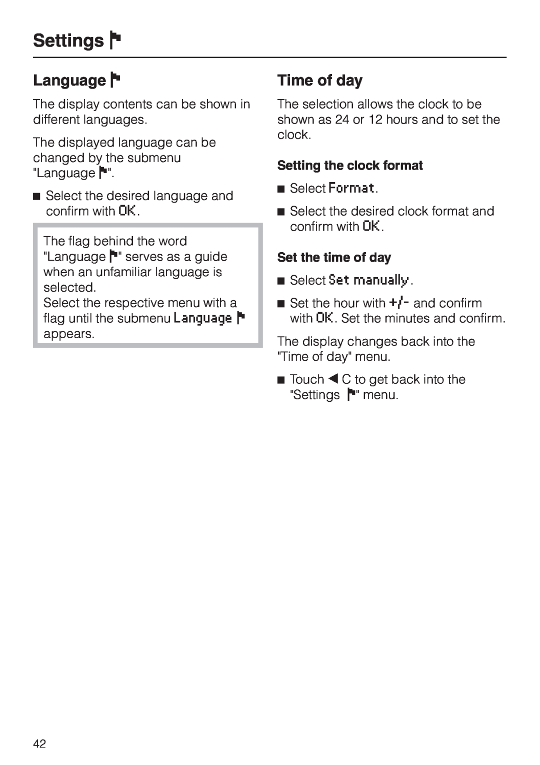 Miele G 2830 SCi manual Language J, Time of day, Settings J, Setting the clock format, Set the time of day 