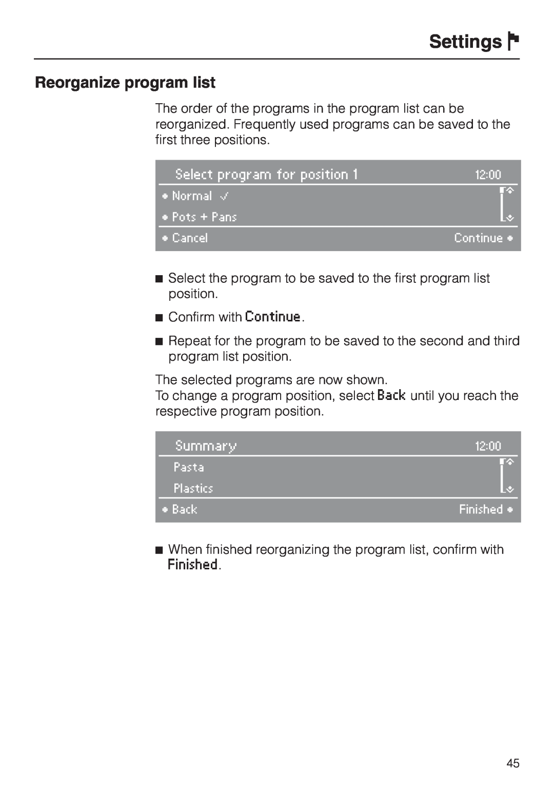 Miele G 2830 SCi manual Reorganize program list, Settings J 