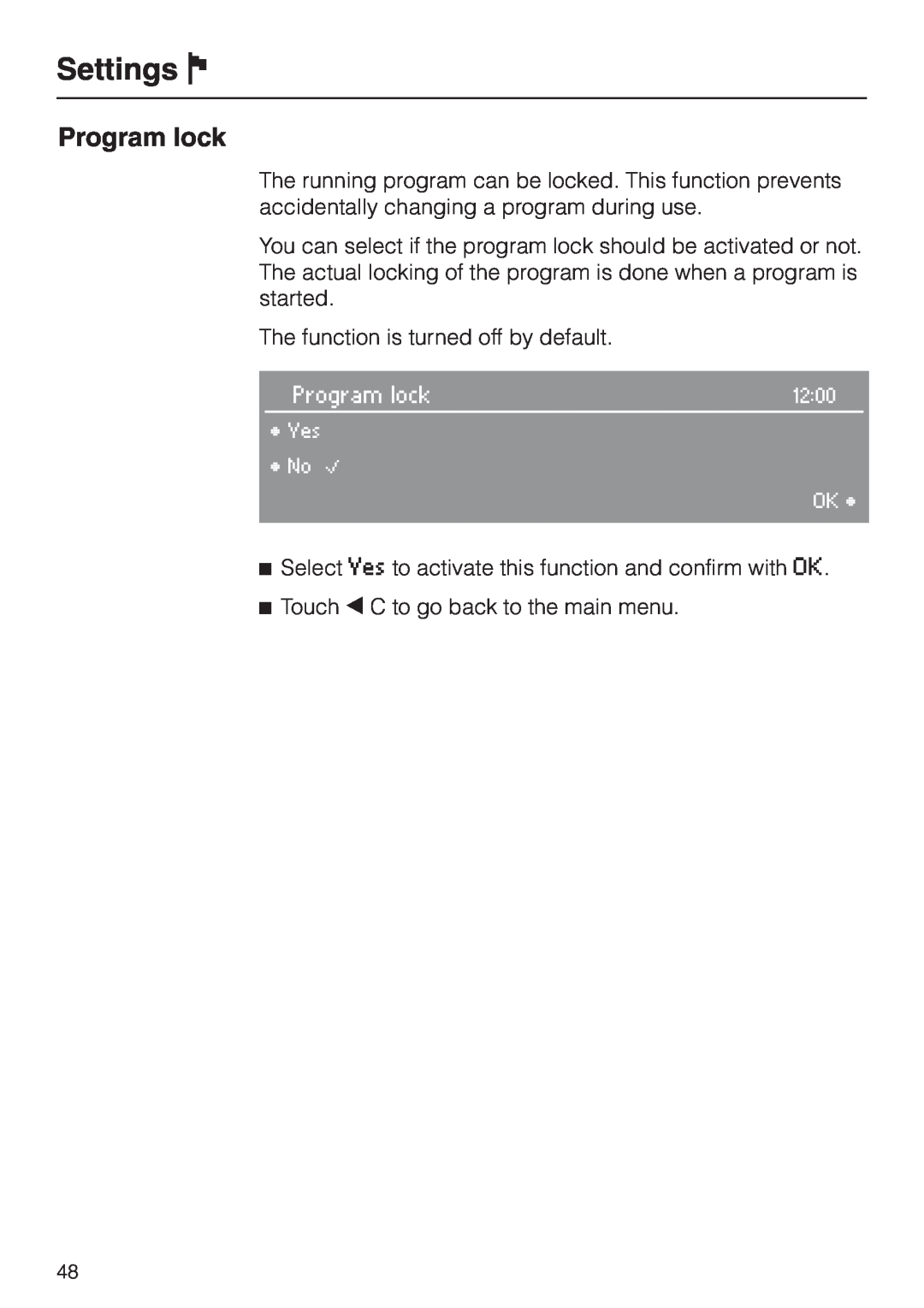 Miele G 2830 SCi manual Program lock, Settings J 