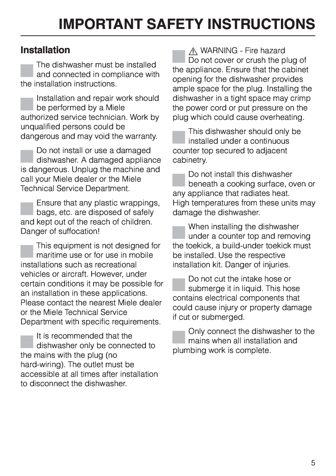 Miele G 2830 SCi manual Installation, Important Safety Instructions 